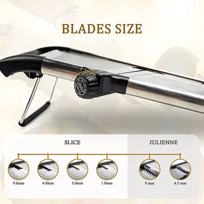 Adjustable stainless steel mandoline slicer showcasing various blade sizes for slicing and julienne cutting.