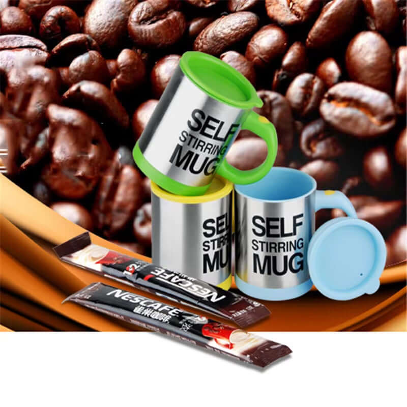 Self-stirring mugs in green and blue with coffee beans in the background, perfect for mixing drinks effortlessly.
