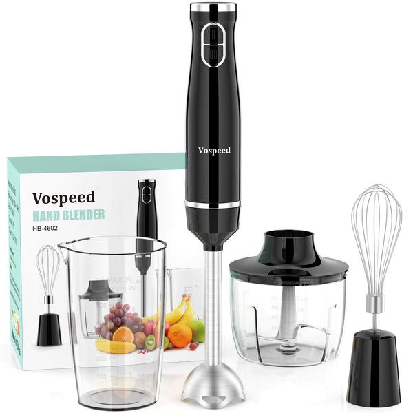 Immersion Blender Vospeed 1000 Watt 4-in-1 Hand Blender with Chopper Whisk 600ml Mixing Beaker Electric Stick Blender with Two Speed Adjustable Ergonomic handle Detachable
